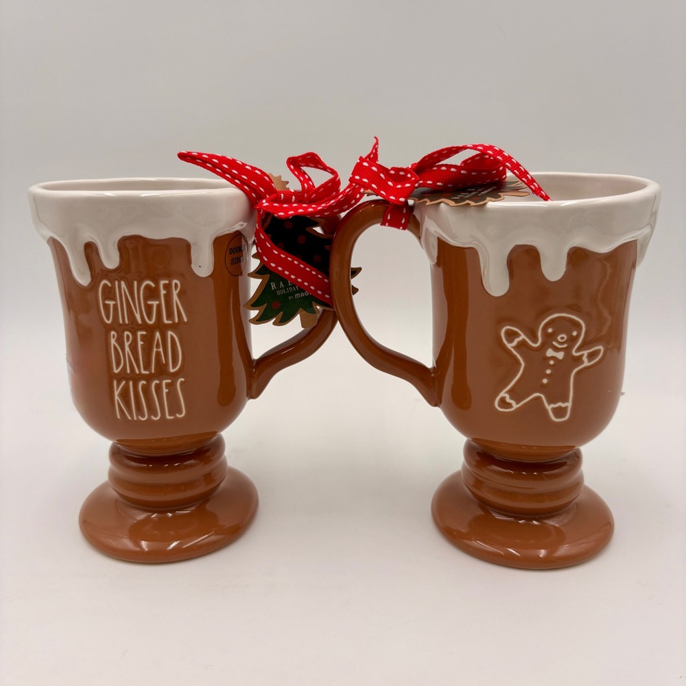 Rae Dunn Gingerbread Kisses Footed Mugs Set of 2 Holiday Collection NEW